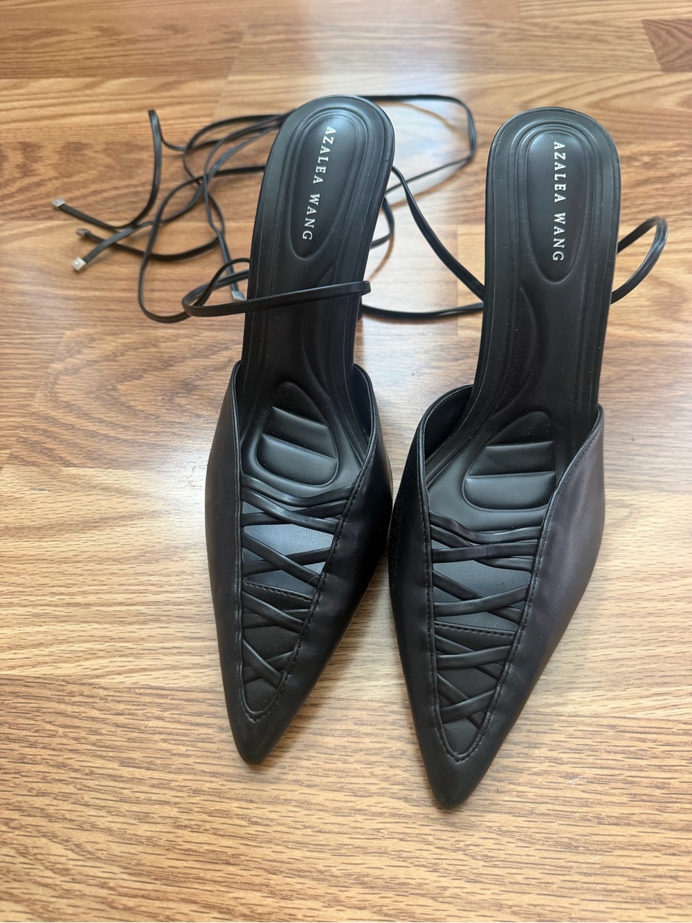 Azalea Wang Black Pointed Lace-Up Heels with Woven Detail